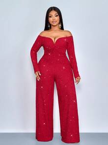 SOLERSUN Women's Fashionable Elegant V-Neck Off Shoulder Long Sleeve Party Night Club Sparkly Fabrics Jumpsuits, Suitable For Christmas Party Valentine's Day Dating,Fall,Winter,Sexy,Party,Elegant,Chinese Red,2026,New Year