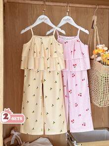 Vintaside Kids 4件套女童休闲迷人吊带背心搭配宽松阔腿裤，粉色和米色，适合日常外出、度假和休闲穿着 - 彩色 - 查看 3