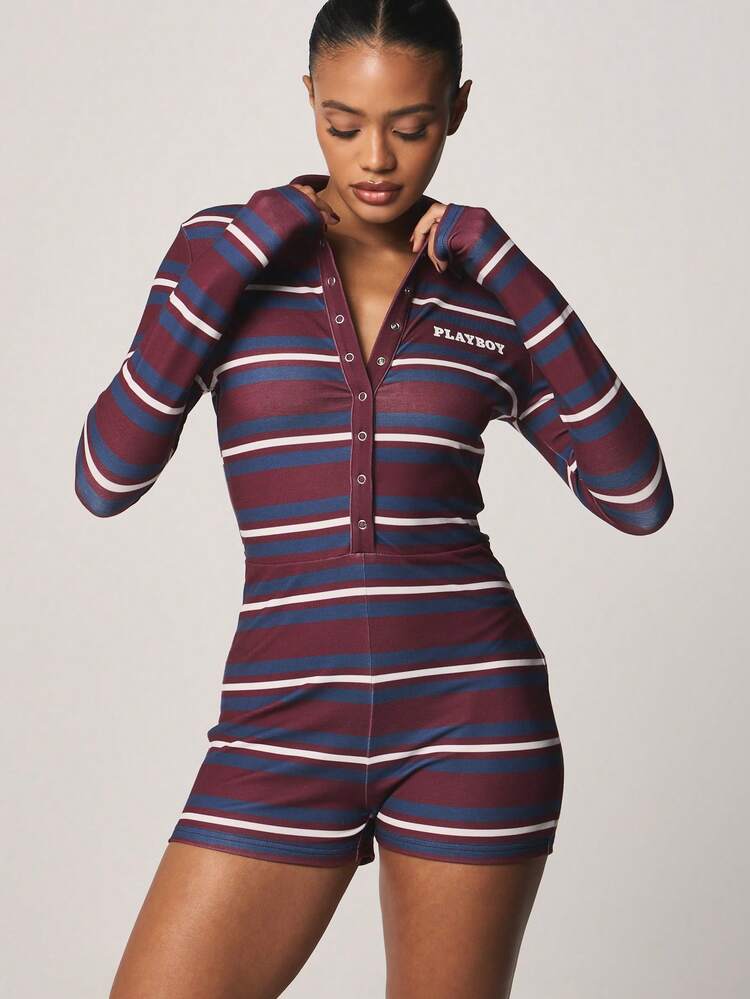 Missguided x Playboy Striped Button Front Long Sleeve Polo Collar Jumpsuit Playsuit Romper With Short Bottom Fall Winter Casual Everyday Outfit