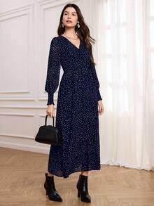 Miaspire 秋冬女士波点印花优雅裹身连衣裙，泡泡袖收腰长裙，适合优雅外出和聚会，褶皱长袖印花连衣裙，藏蓝色女士连衣裙，法式连衣裙，波点连衣裙，女士度假装，春夏装 - 藏蓝色 - 查看 7