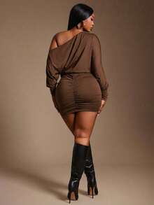 Radiana Elegant Plus Size Coffee Brown Mini Pencil Dress With Asymmetrical Neck Ruched Batwing Extra Long Sleeves For Women - Coffee Brown - View 2