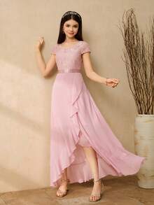 Elegantes Midikleid für Teenager-Mädchen mit V-Ausschnitt, Spitze-Patchwork und asymmetrischem Saum aus Chiffon, geeignet für Hochzeit, Abschlussball, Geburtstags-Party, Bankett - Pink - Übersicht 8