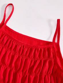 Tween Girl Casual Sweet Crinkle Textured Shirred Elastic Camisole Top Paired With Loose Wide Leg Pants 2 Pieces Set, Suitable For Daily, Vacation, Sisters Photo, Spring/Summer Outfit Clothes,Holiday,Summer,Travel Red Outfits Pants And Top Set Red Two Piece Outfit - Red - View 3