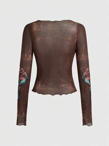 Betty Boop | ROMWE Seksowna, prześwitująca damska bluzka z długim rękawem i nadrukiem w stylu vintage z kreskówkowym portretem - Brązowy - Zobacz 2