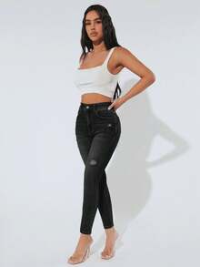 SHEIN PETITE Women's Fashion Casual Ripped Skinny Denim Jeans - Black - View 3