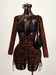 Zestiva Vacation Beach Leopard Print Side Drawstring Fitted Cover-Up - Multicolor - View 5