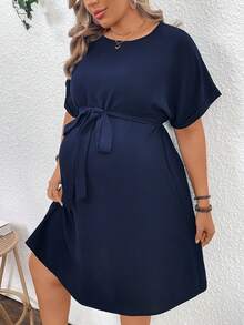 Plussiva Gaun Kasual Lengan Pendek Leher Bulat Warna Polos untuk Wanita Hamil Ukuran Besar, Musim Panas - Navy Blue - View 7