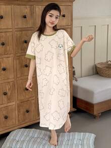 Dazy Kids Tween Girls Bear Print Crew Neck Knit Short Sleeve Nightgown Loungewear Spring - Apricot - View 5