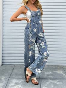 SHEIN Holidaya Women's Sleeveless Square Neck Floral Print Denim Jumpsuit - Blue - View 3