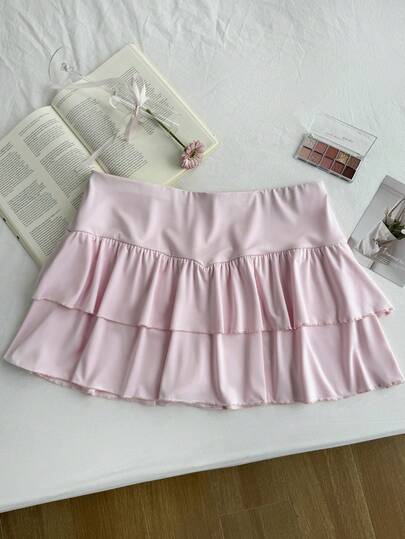 Comfortcana Plus Size Women's Mini Skirt, Solid Color Straight Ruffled Hem, Casual Everyday Style Pink Ruffle Skirt Pink Skirt Light Pink Skirt