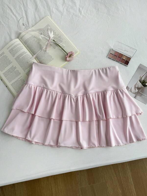 Comfortcana Plus Size Women's Mini Skirt, Solid Color Straight Ruffled Hem, Casual Everyday Style Pink Ruffle Skirt Pink Skirt Light Pink Skirt