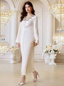 Al Najma Women's Elegant Sequin Embroidered Textured Arabic Style Dress, Autumn - Apricot - View 4