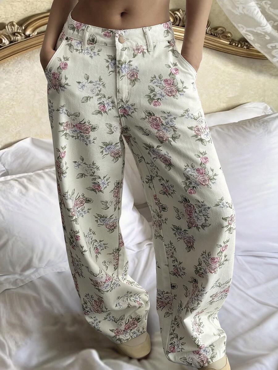 Livesso Women's Loose Casual Vacation Style Distressed Full Print Wide Leg Jeans, Spring/Summer - Apricot - View 1