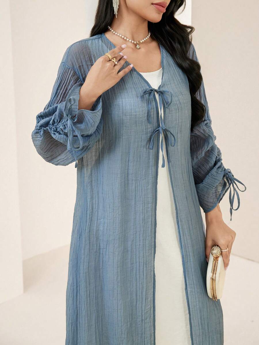 Veilorie 女士纯色抽绳长袖前系带阿拉伯长袍 - 水鴨藍 - 查看 1