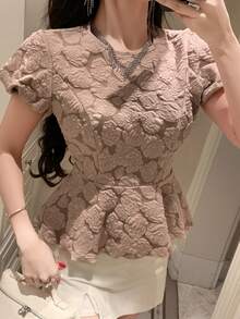 DAZY Women's Elegant Jacquard Round Neck Ruffle Hem Puff Sleeve T-Shirt, Summer - Apricot - View 3