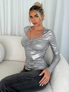 SHEIN Privé 女士优雅银色长袖褶饰带长袖 T 恤 - 銀色 - 查看 3