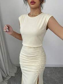 GlowEve Đầm ôm sát không tay cổ tròn, thắt eo, thanh lịch và lãng mạn, được làm từ chất liệu cao cấp. - Màu be - Xem 5