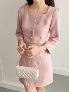 DAZY A字型连衣裙，方领七分袖，优雅粗花呢连衣裙，女士吊带裙 - 粉色 - 查看 5