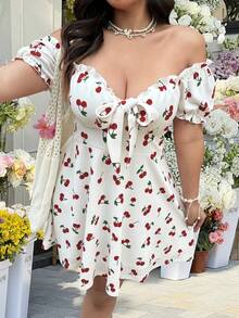 SHEIN EZwear EZwear 大码樱桃印花露肩短袖连衣裙，优雅度假装扮，女士休闲婚礼宾客连衣裙，太阳裙 - 彩色 - 查看 7