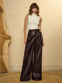 Arave 女士编织PU皮革纯绿色直筒休闲街头时尚通勤都市裤，春秋季 - 咖啡棕 - 查看 4