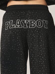 Missguided x Playboy Rhinestone Embellished Wide Leg Lounge Pants With Text Print And High Waist Comfort Fit - Black - View 2