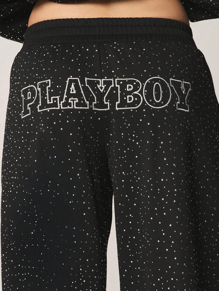 Missguided x Playboy Rhinestone Embellished Wide Leg Lounge Pants With Text Print And High Waist Comfort Fit