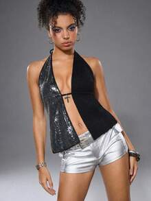 Y2Kool BiGraphic Valentine's Day Women's Knit Sequin Halter Top Sexy Open-Back Spaghetti Strap Design Perfect For Parties, Halloween, And Fall Streetwear Black Halter Top Women's Avant-Garde Apparel Women's Tank Top Gothic Summer Clothing Y2K Style Apparel - Black - View 1