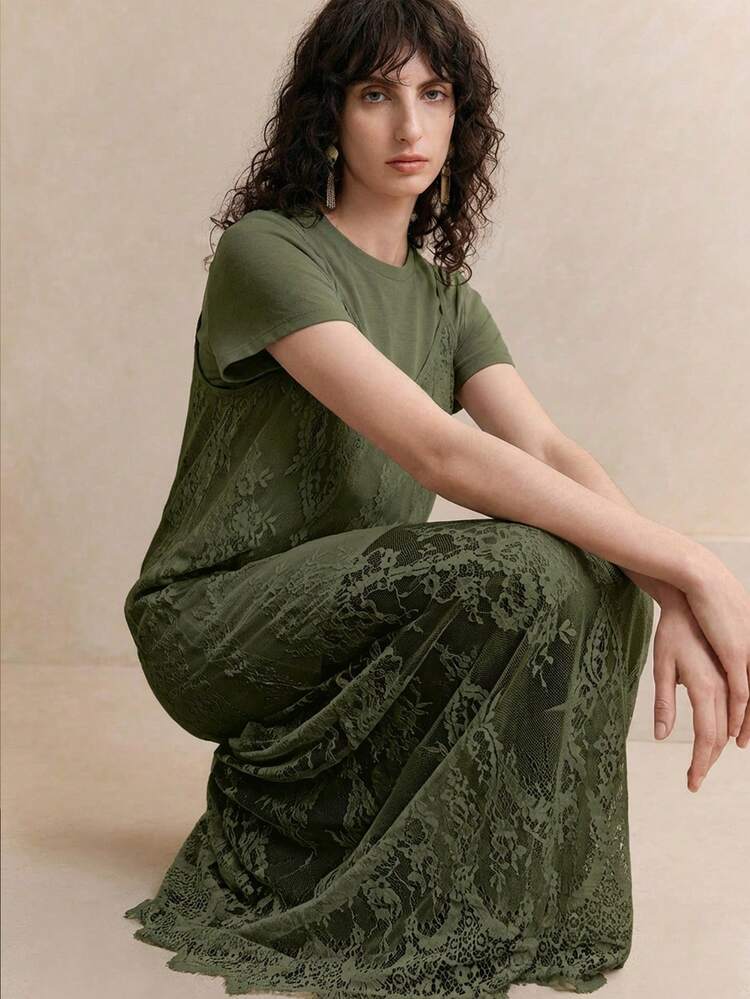 SHEIN Maija Spring/Summer New Moss Green Sexy Lace Camisole Dress, Versatile 2 Pieces Set For Parties, Gatherings, Elegant Carnival, Valentine's Day, Back To School, Music Festivals