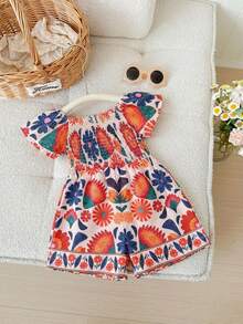 SHEIN Bộ áo liền quần tay ngắn in hoa dễ thương cho bé gái sơ sinh, thích hợp cho mùa hè. - Nhiều màu - Xem 4