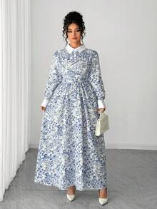 Abito camicia elegante e alla moda da donna Elenzga, con colletto, vita arricciata e stampa integrale a contrasto di colore, abito lungo con maniche lunghe in stile maxi, adatto all'autunno - Blu e Bianco - Visualizzare 8