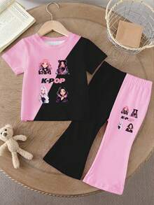 1 Conjunto de Chica Joven Casual Elegante y Lindo con Camiseta de Manga Corta Cuello Redondo con Estampado de Letra de Chica K-POP en Contraste Negro y Rosa y Pantalones Acampanados, Adecuado para Salidas Casuales - Multicolor - Ver 3