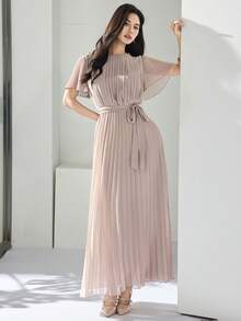 Elegant Pleated Short Sleeve Long Dress For Commuting Long Pleated Dress Summer Elegant Dress - Khaki - View 5