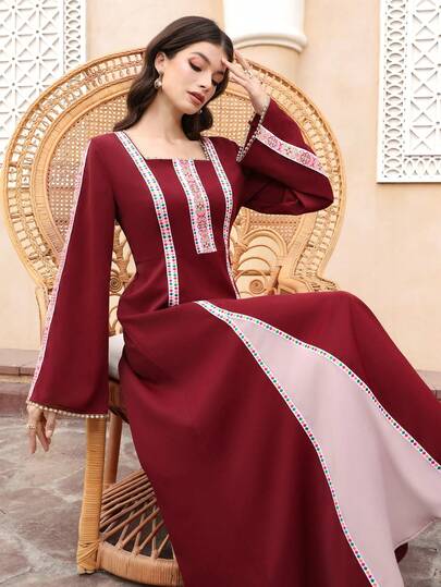 Al Najma Women's Elegant Color Block Square Collar Flare Sleeve Dress, Autumn