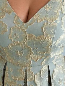 SHEIN PETITE CURVE 大码女士优雅提花吊带连衣裙，适合婚礼宾客、秋冬季穿着 - 綠色 - 查看 6