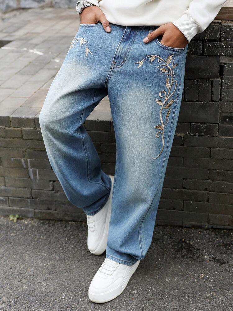 Manfinity LEGND 秋冬休闲水洗蓝色直筒花卉植物刺绣牛仔裤 - 藍色 - 查看 1