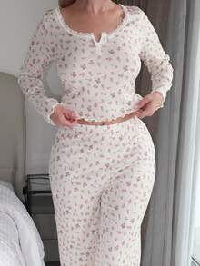 Turnttoni 两件套女士碎花长袖上衣和裤子睡衣套装 - 彩色 - 查看 3