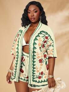 SHEIN SXY Plus Size Boho Multicolor Floral Print Woven Fabric Two Piece Shorts Set With Drop Shoulder Short Sleeve Blouse And Knot Details - Multicolor - View 1