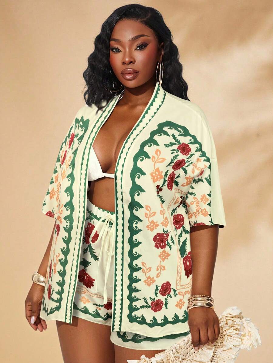 SHEIN SXY Plus Size Boho Multicolor Floral Print Woven Fabric Two Piece Shorts Set With Drop Shoulder Short Sleeve Blouse And Knot Details - Multicolor - View 1