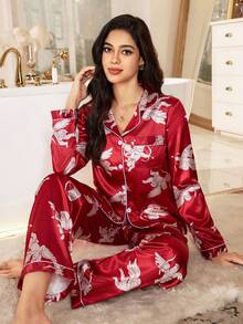 SHEIN Satin-Like Angel Print Cardigan & Pants Long Sleeve Women Pajama Set