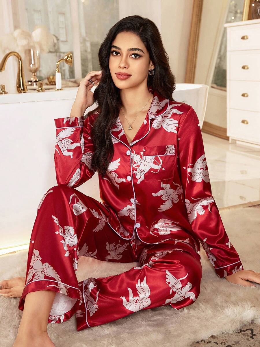 SHEIN Satin-Like Angel Print Cardigan & Pants Long Sleeve Women Pajama Set