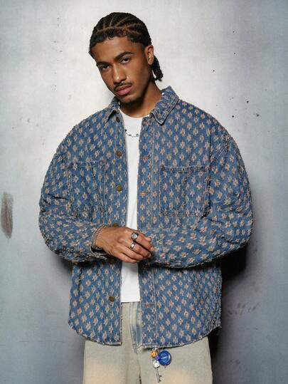 PAVTROS Men's Vintage Washed Jacquard Front Button Denim Shirt, American Casual Style Men Blue Button Up