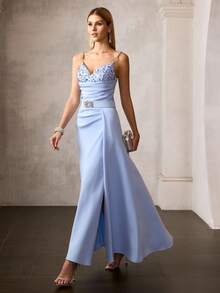 MOTF Soiréza 女士蓝色亮片网纱拼接吊带派对连衣裙，春夏款 - 藍色 - 查看 6