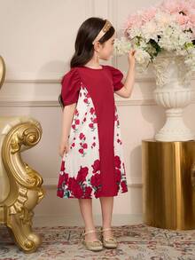 Girls' Fuchsia Abaya Kaftan Jalabiya Tunic, Middle Eastern Muslim National Flower Sudani Rose Print Patchwork Contrast Color Pleated Print Traditional Conservative Elegant Fashionable Dress Kids Rose Print Dress Girls Floral Dress