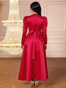 SHEIN Lady 女士优雅纽扣装饰泡泡袖连衣裙，秋季 - 紅色 - 查看 2