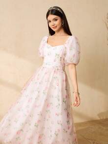 Elegantes Sommerkleid für Teenager-Mädchen mit Blume Muster und Puffärmeln - Verschiedenfarbig - Übersicht 8