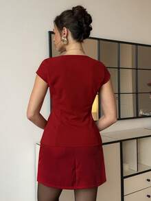 SHEIN Clasi Áo kiểu nữ màu đỏ thanh lịch, thích hợp mặc trong dịp năm mới, Lễ tình nhân, mùa cưới, mùa xuân/hè. - Đỏ - Xem 2