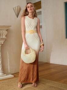 MOTF PREMIUM 渐变色修身鱼尾下摆镂空针织毛衣连衣裙 - 棕色 - 查看 3