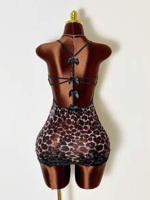 SHEIN 1 pieza Camisón transparente con diseño de espalda cruzada, adorno de lazo y ribete de encaje de malla con estampado de leopardo - Multicolor - Ver 2