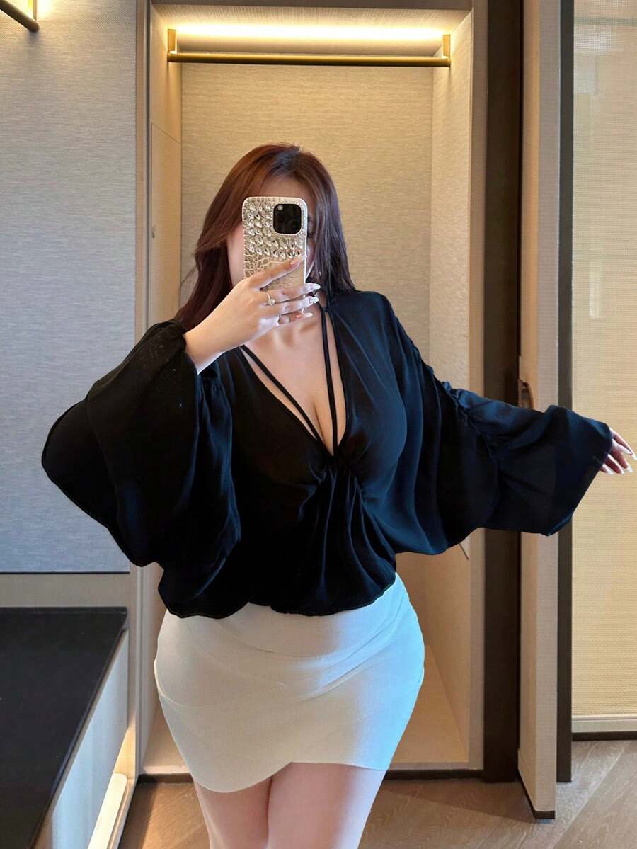 Vibekara 性感哥特风黑色纹理雪纺透视V领系带设计休闲长袖衬衫，宽松蝙蝠袖开衫，适合春、夏、秋季穿着。 - 黑色 - 查看 1