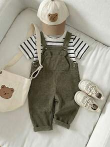 Set de 2 piezas para niños pequeños: Camiseta de manga corta de cuello redondo a rayas y pantalón peto de pana ajustable con oso, adecuado para ir y venir, la escuela, vacaciones, deportes, primavera/otoño, 6M-3T, ropa para niños, ropa para bebés, ropa para niños pequeños, camiseta para niños pequeños, peto para niños pequeños - Verde Oscuro - Ver 12